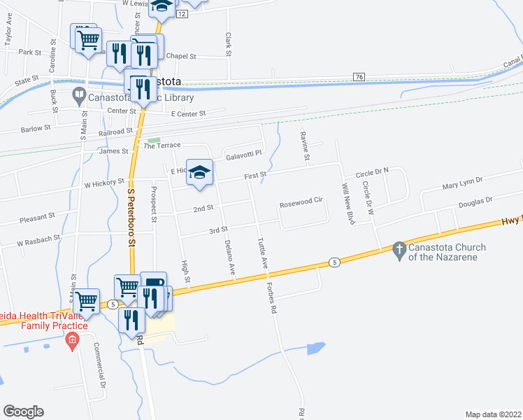 map of restaurants, bars, coffee shops, grocery stores, and more near 203 Tuttle Avenue in Canastota