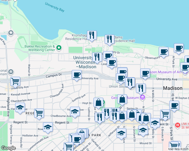 map of restaurants, bars, coffee shops, grocery stores, and more near 1552 University Avenue in Madison