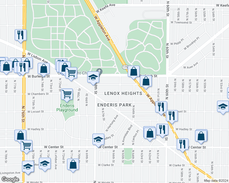 map of restaurants, bars, coffee shops, grocery stores, and more near 6620 West Chambers Street in Milwaukee
