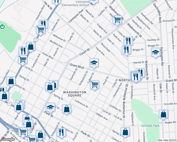 map of restaurants, bars, coffee shops, grocery stores, and more near 944 Kirkpatrick Street in Syracuse