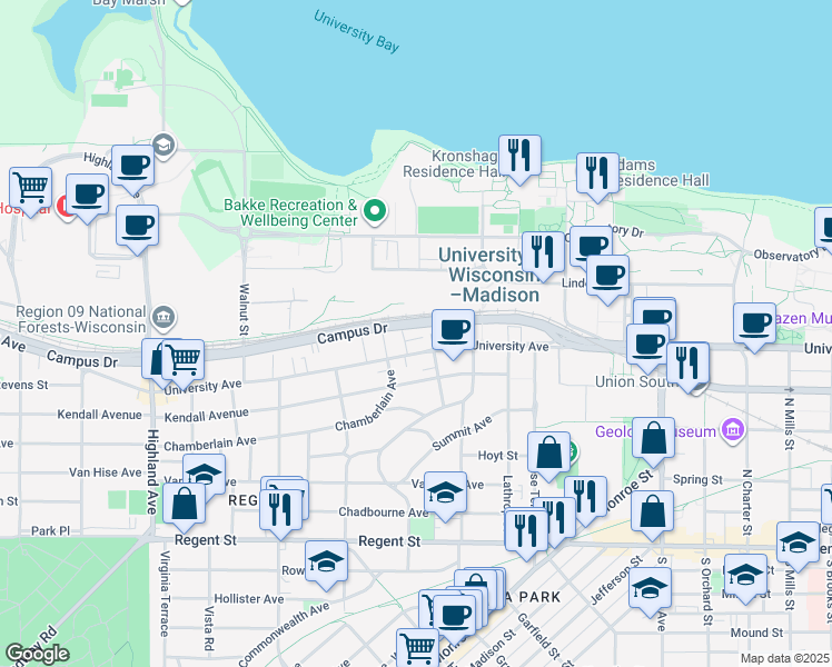 map of restaurants, bars, coffee shops, grocery stores, and more near 1912 Birge Terrace in Madison