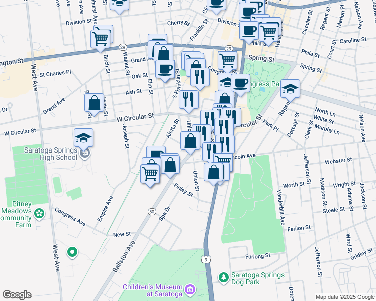 map of restaurants, bars, coffee shops, grocery stores, and more near 63 Ballston Avenue in Saratoga Springs