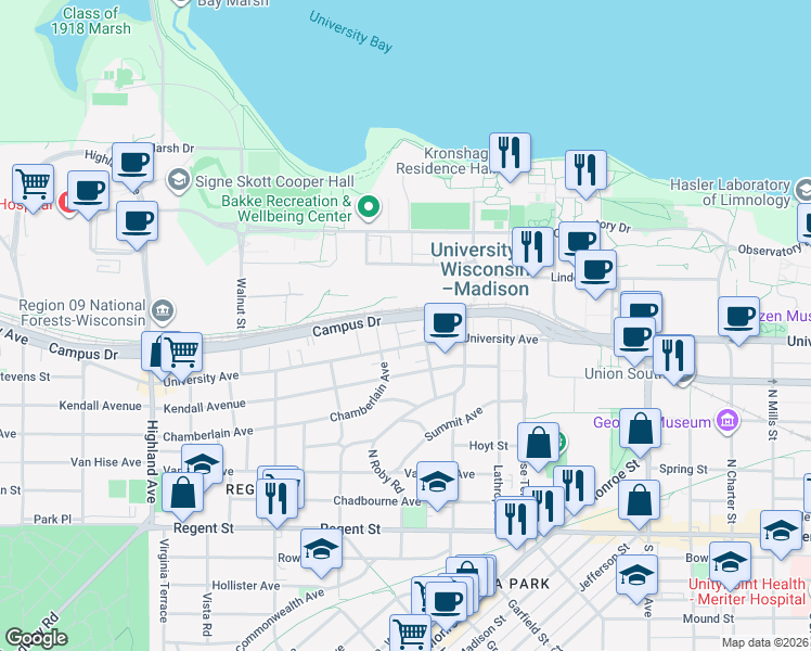 map of restaurants, bars, coffee shops, grocery stores, and more near 1916 Birge Terrace in Madison
