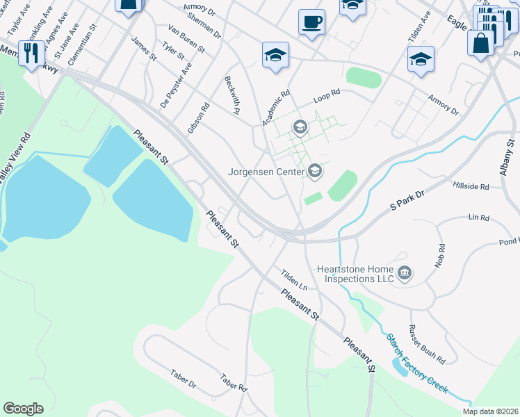 map of restaurants, bars, coffee shops, grocery stores, and more near 1105 Parkway East in Utica