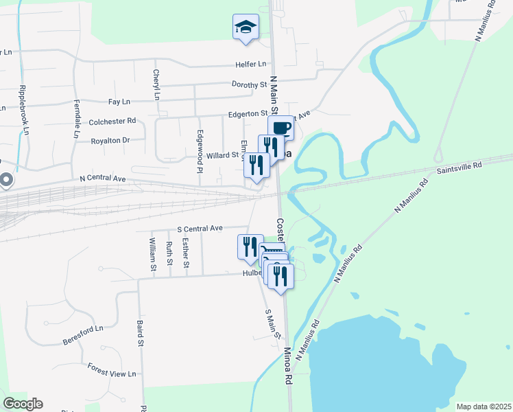 map of restaurants, bars, coffee shops, grocery stores, and more near 101 South Main Street in Minoa