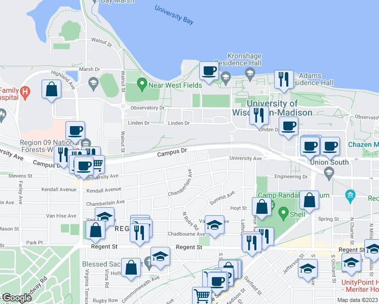 map of restaurants, bars, coffee shops, grocery stores, and more near 423 Chamberlain Avenue in Madison