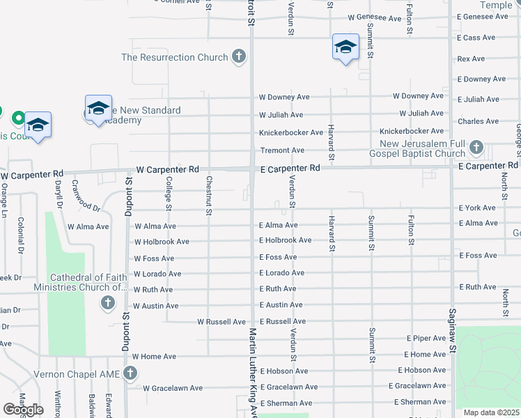 map of restaurants, bars, coffee shops, grocery stores, and more near 121 East York Avenue in Flint