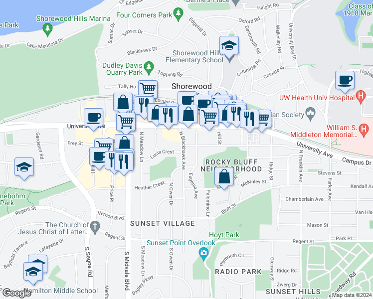 map of restaurants, bars, coffee shops, grocery stores, and more near 637 North Blackhawk Avenue in Madison