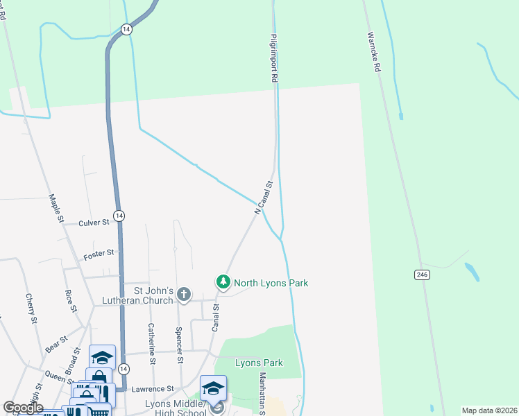 map of restaurants, bars, coffee shops, grocery stores, and more near 51 North Canal Street in Lyons