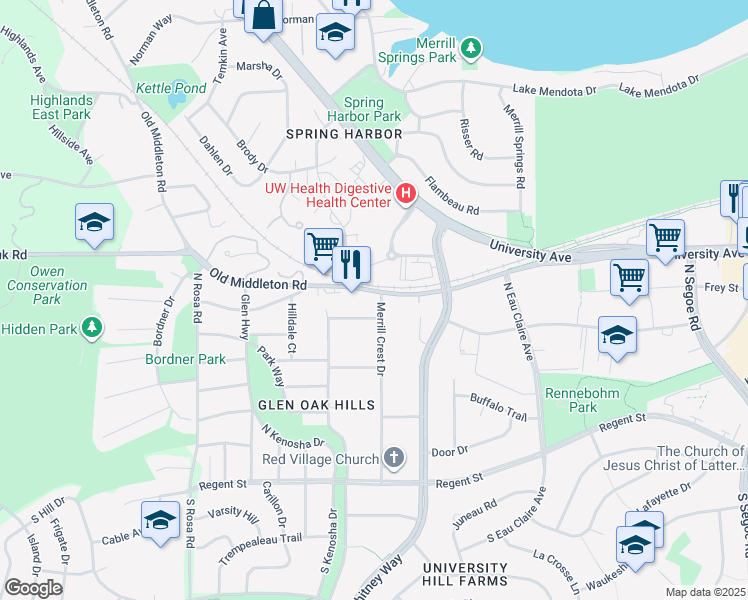 map of restaurants, bars, coffee shops, grocery stores, and more near 510 Merrill Crest Drive in Madison