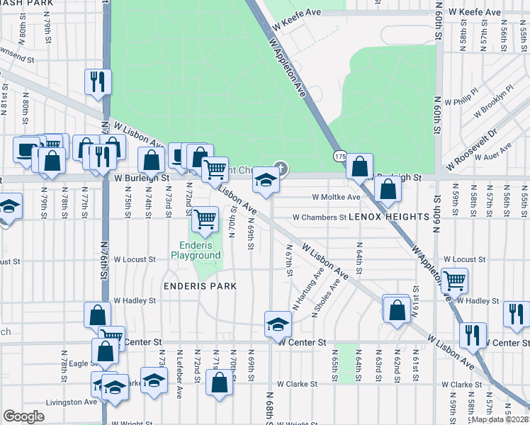 map of restaurants, bars, coffee shops, grocery stores, and more near 3001 North 68th Street in Milwaukee