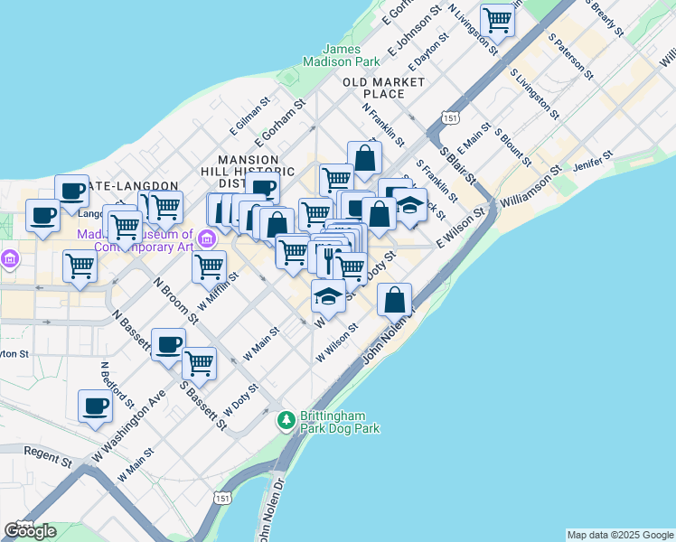 map of restaurants, bars, coffee shops, grocery stores, and more near 100 Martin Luther King Junior Boulevard in Madison