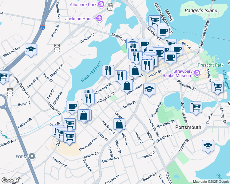map of restaurants, bars, coffee shops, grocery stores, and more near 26 Cornwall Street in Portsmouth