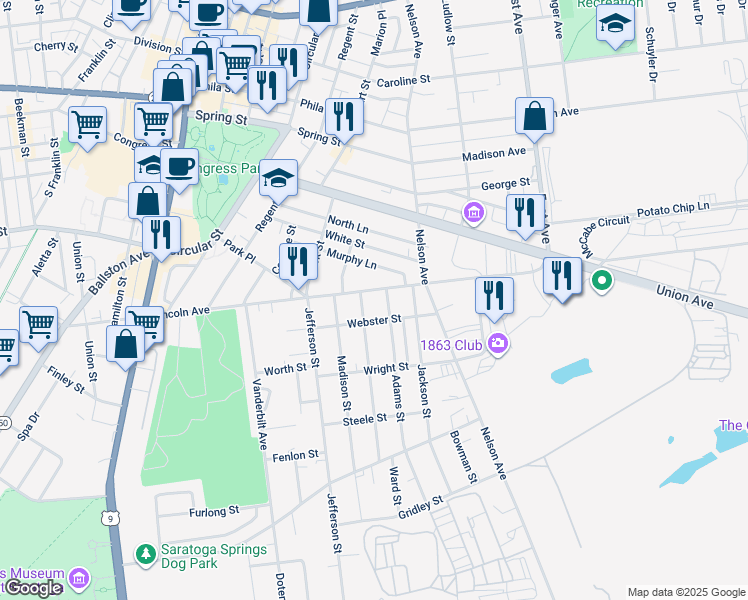 map of restaurants, bars, coffee shops, grocery stores, and more near 136 Lincoln Avenue in Saratoga Springs