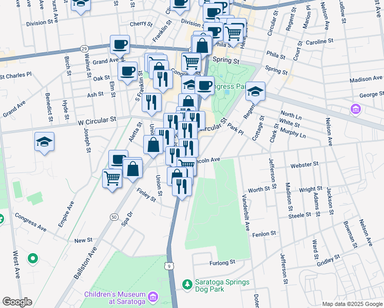map of restaurants, bars, coffee shops, grocery stores, and more near 11 Whitney Place in Saratoga Springs