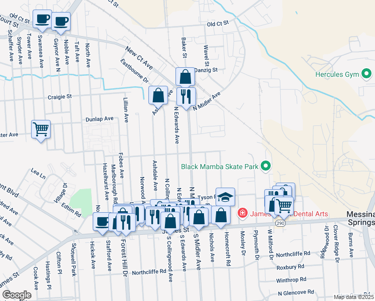 map of restaurants, bars, coffee shops, grocery stores, and more near 312 New York 598 in Syracuse