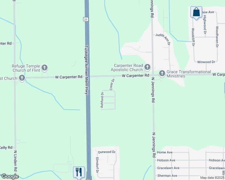 map of restaurants, bars, coffee shops, grocery stores, and more near 2 Birch Crest Drive in Flint