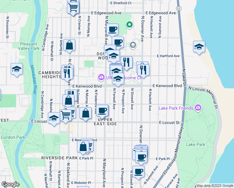 map of restaurants, bars, coffee shops, grocery stores, and more near 3051 North Farwell Avenue in Milwaukee