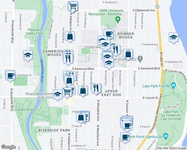 map of restaurants, bars, coffee shops, grocery stores, and more near 3051 North Maryland Avenue in Milwaukee