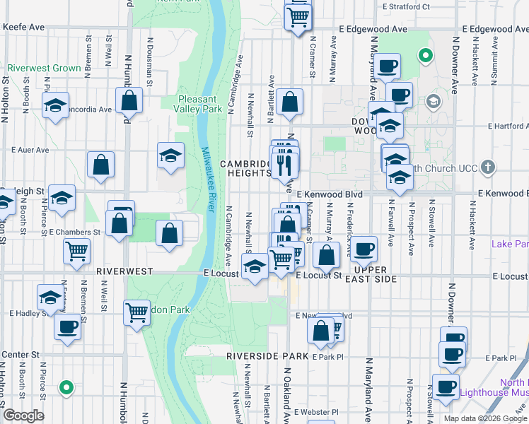 map of restaurants, bars, coffee shops, grocery stores, and more near 3051 North Bartlett Avenue in Milwaukee