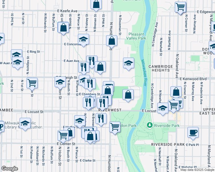map of restaurants, bars, coffee shops, grocery stores, and more near 3053 North Humboldt Boulevard in Milwaukee