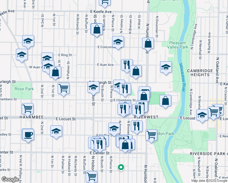 map of restaurants, bars, coffee shops, grocery stores, and more near 3049 North Pierce Street in Milwaukee