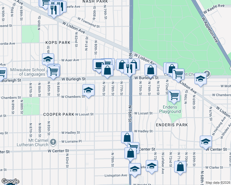 map of restaurants, bars, coffee shops, grocery stores, and more near 3024 North 78th Street in Milwaukee