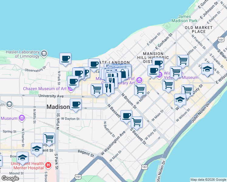 map of restaurants, bars, coffee shops, grocery stores, and more near 405 West Gorham Street in Madison