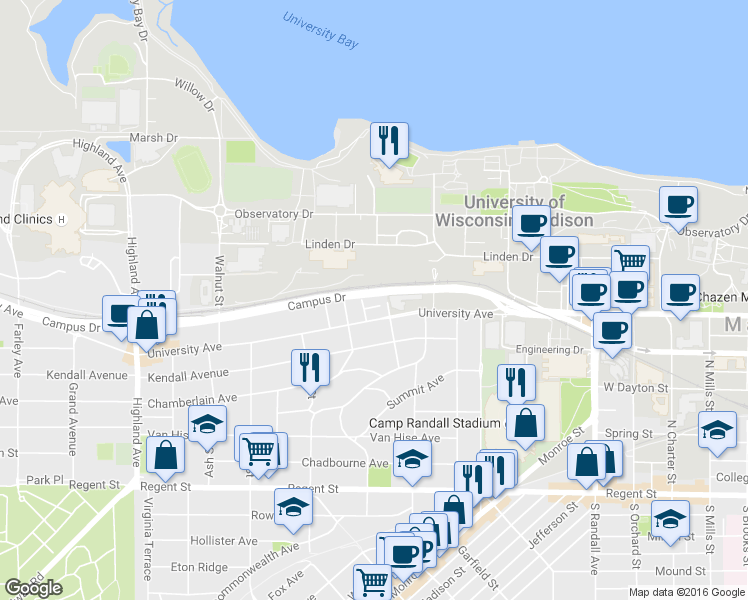 map of restaurants, bars, coffee shops, grocery stores, and more near 1904 Birge Terrace in Madison