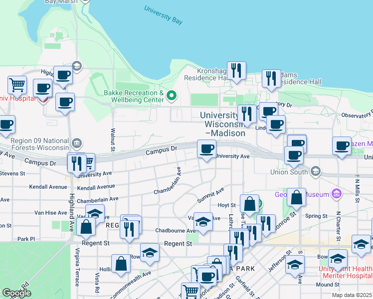 map of restaurants, bars, coffee shops, grocery stores, and more near 423 Chamberlain Avenue in Madison