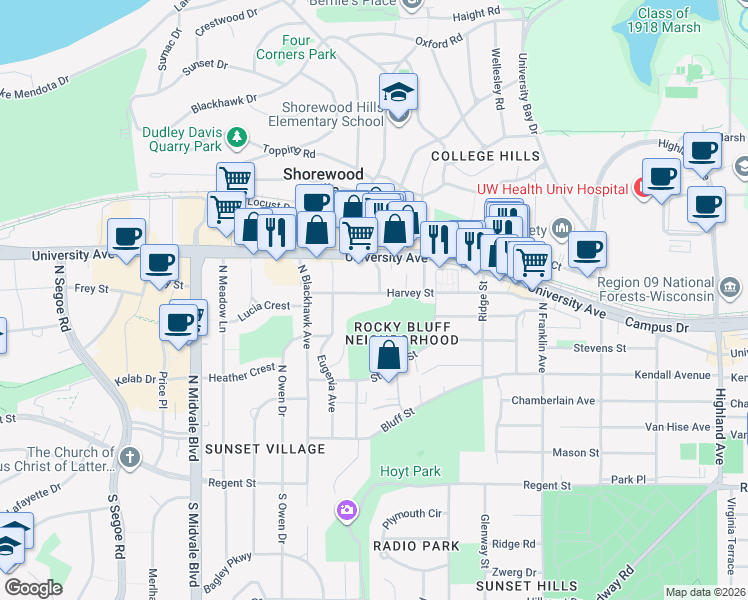 map of restaurants, bars, coffee shops, grocery stores, and more near 3302 Harvey Street in Madison