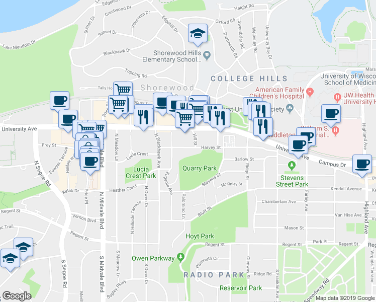 map of restaurants, bars, coffee shops, grocery stores, and more near 3302 Harvey Street in Madison