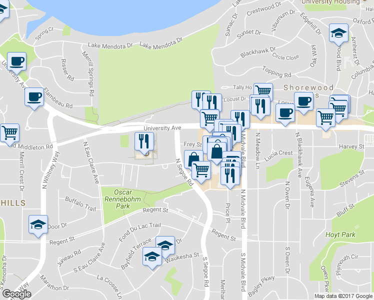 map of restaurants, bars, coffee shops, grocery stores, and more near 4601 Frey Street in Madison