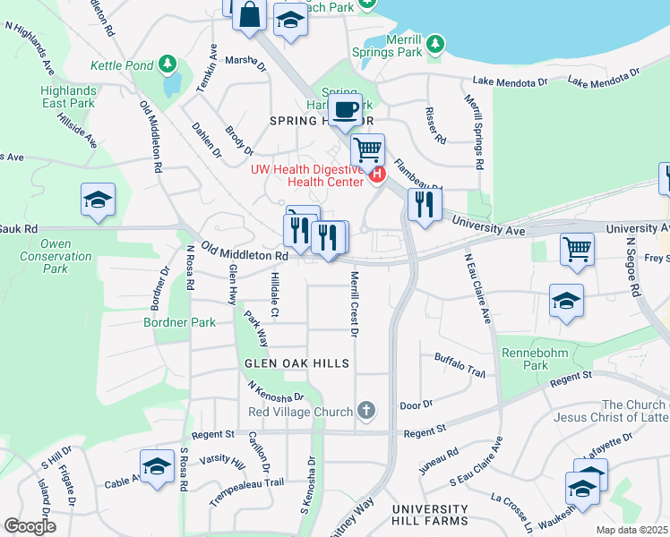 map of restaurants, bars, coffee shops, grocery stores, and more near 510 Merrill Crest Drive in Madison