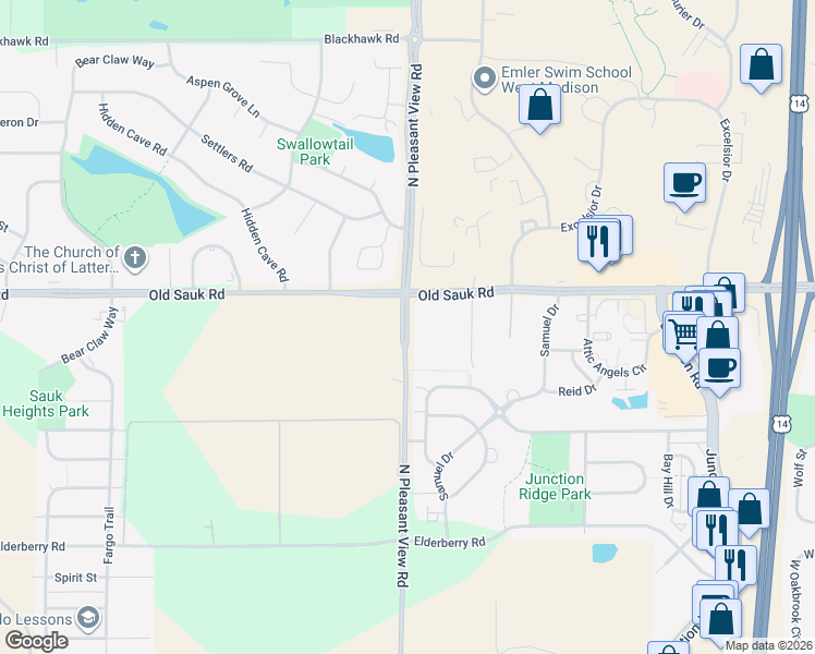 map of restaurants, bars, coffee shops, grocery stores, and more near North Pleasant View Road in Middleton