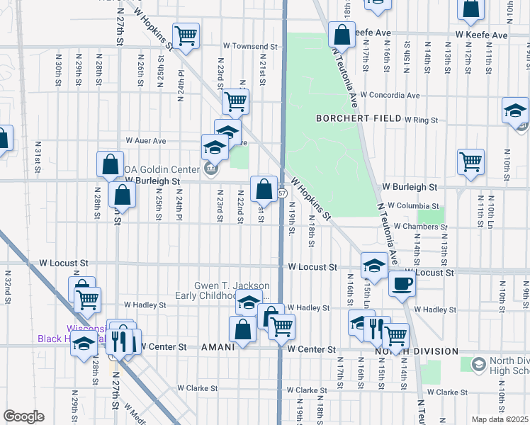 map of restaurants, bars, coffee shops, grocery stores, and more near in Milwaukee