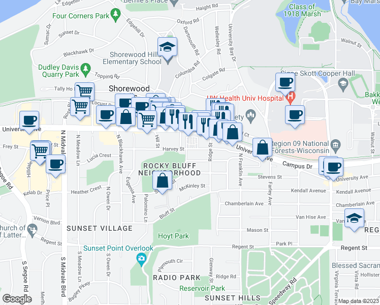map of restaurants, bars, coffee shops, grocery stores, and more near 2939 Harvey Street in Madison