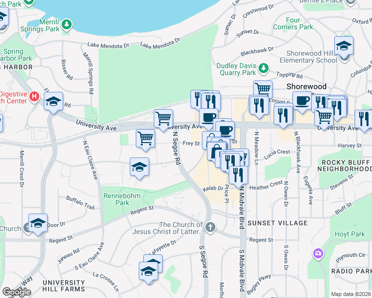 map of restaurants, bars, coffee shops, grocery stores, and more near 4601 Frey Street in Madison