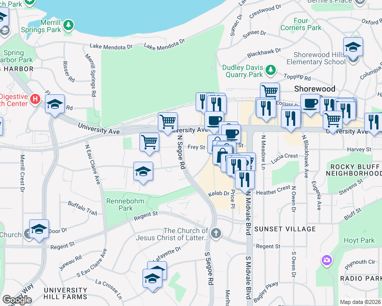 map of restaurants, bars, coffee shops, grocery stores, and more near 4601 Frey Street in Madison