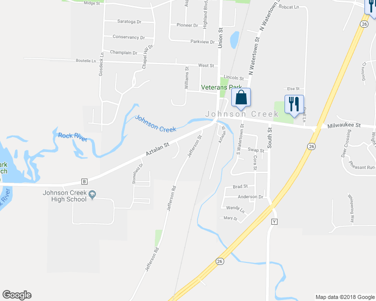 map of restaurants, bars, coffee shops, grocery stores, and more near 228 Jefferson Street in Johnson Creek