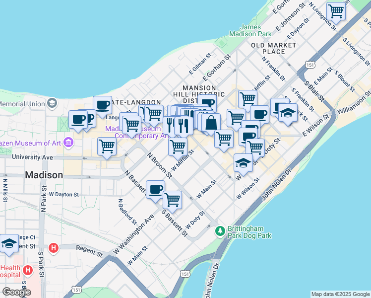 map of restaurants, bars, coffee shops, grocery stores, and more near 121 North Henry Street in Madison