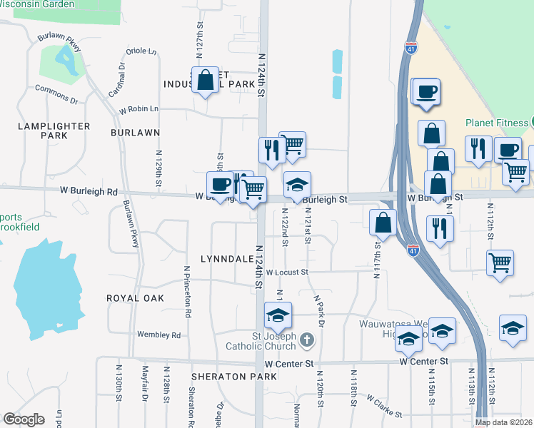 map of restaurants, bars, coffee shops, grocery stores, and more near 3030C North 124th Street in Wauwatosa