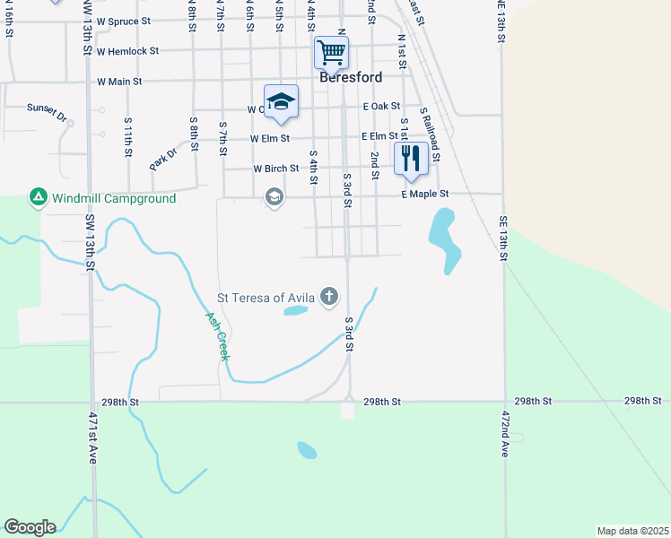 map of restaurants, bars, coffee shops, grocery stores, and more near 803 South 3rd Street in Beresford