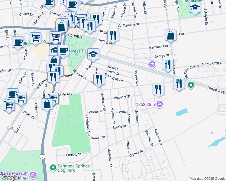 map of restaurants, bars, coffee shops, grocery stores, and more near 122 Lincoln Avenue in Saratoga Springs