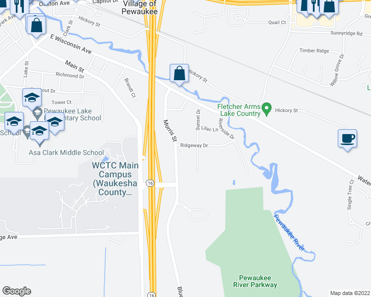 map of restaurants, bars, coffee shops, grocery stores, and more near 800 Ridgeway Drive in Pewaukee