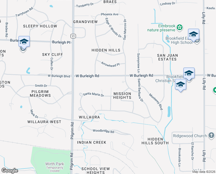 map of restaurants, bars, coffee shops, grocery stores, and more near 3035 San Gabriel Drive in Brookfield