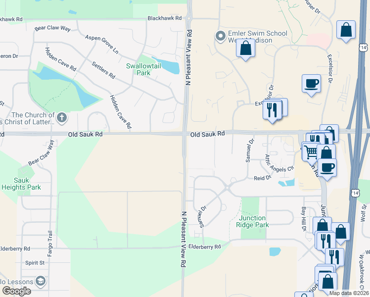 map of restaurants, bars, coffee shops, grocery stores, and more near 653 North Pleasant View Road in Middleton