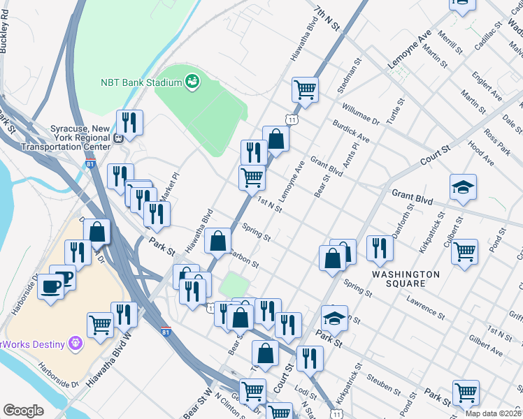 map of restaurants, bars, coffee shops, grocery stores, and more near 1509 1st North Street in Syracuse