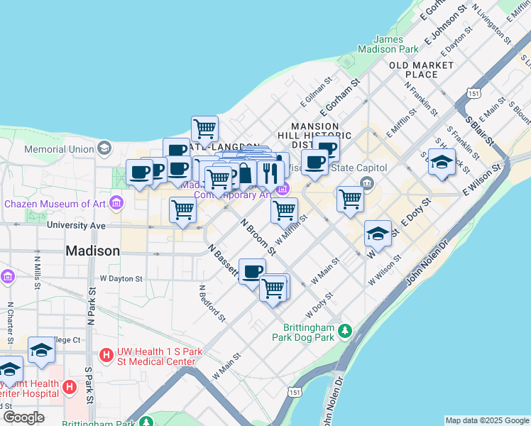 map of restaurants, bars, coffee shops, grocery stores, and more near 316 West Dayton Street in Madison