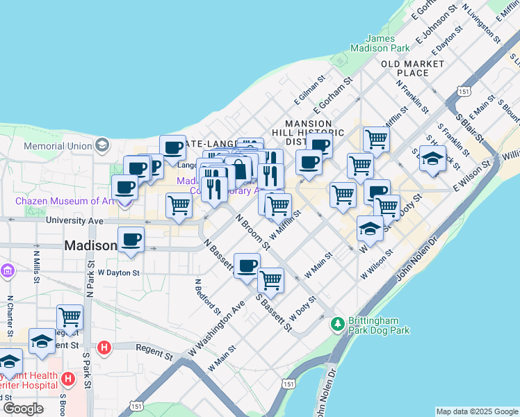 map of restaurants, bars, coffee shops, grocery stores, and more near 316 West Dayton Street in Madison